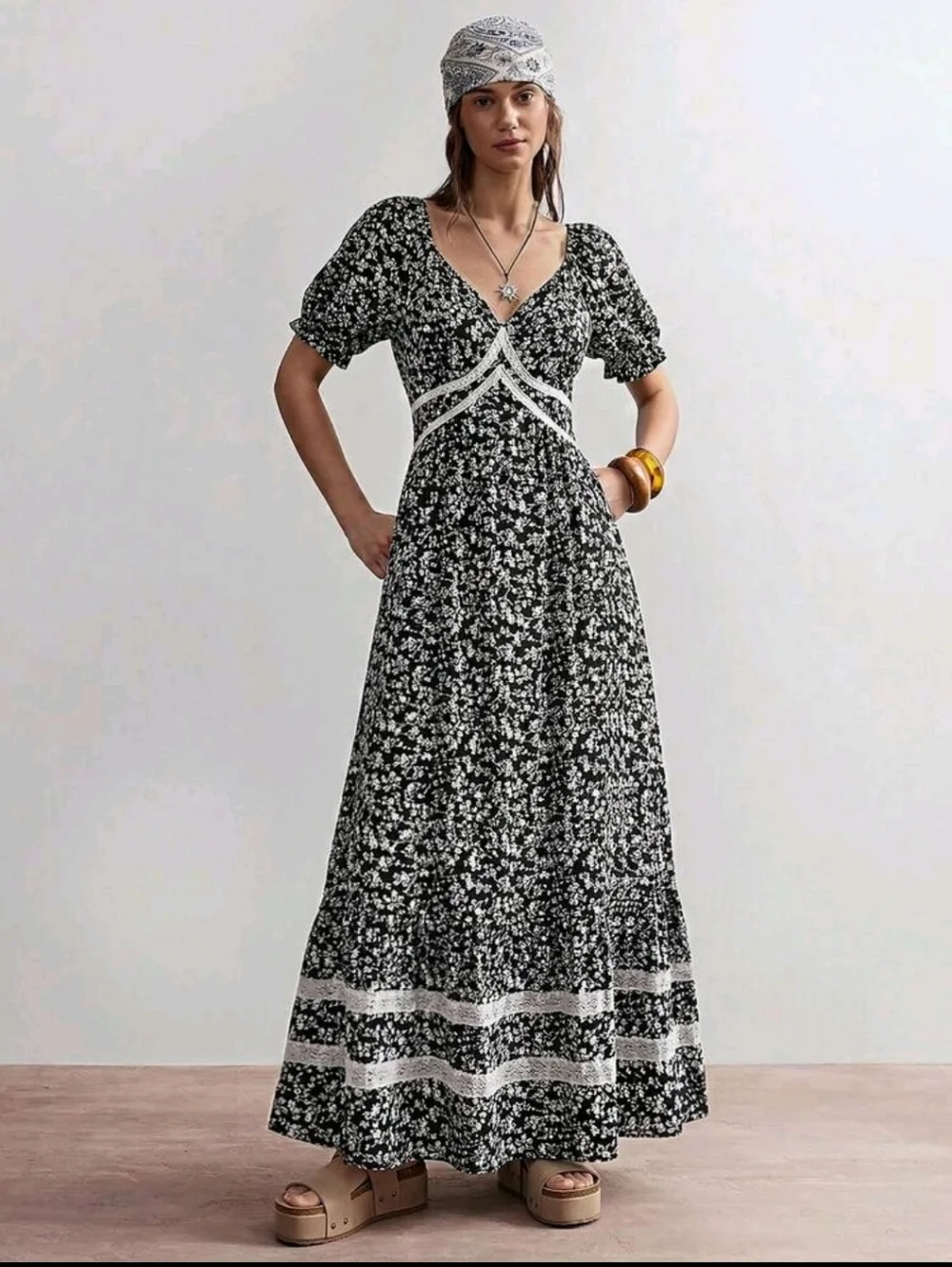 Black & White Floral V-Neck Maxi Dress with Contrast Trim - Picture 2 of 10